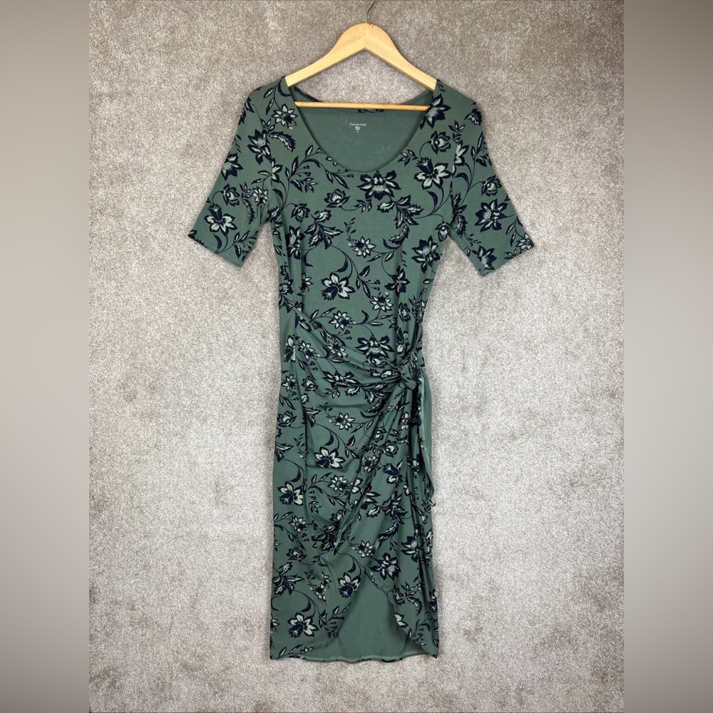 Garnet Hill Dress Womens Small Green Floral Short Sleeve Stretch Side Tie- 4347